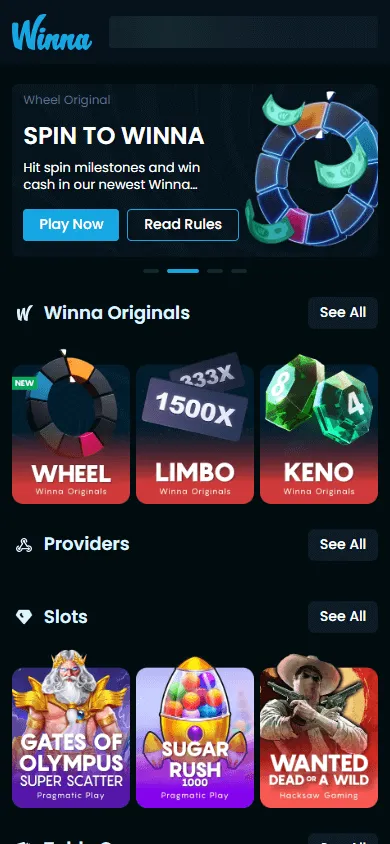 Winna Casino mobile browser interface on a smartphone