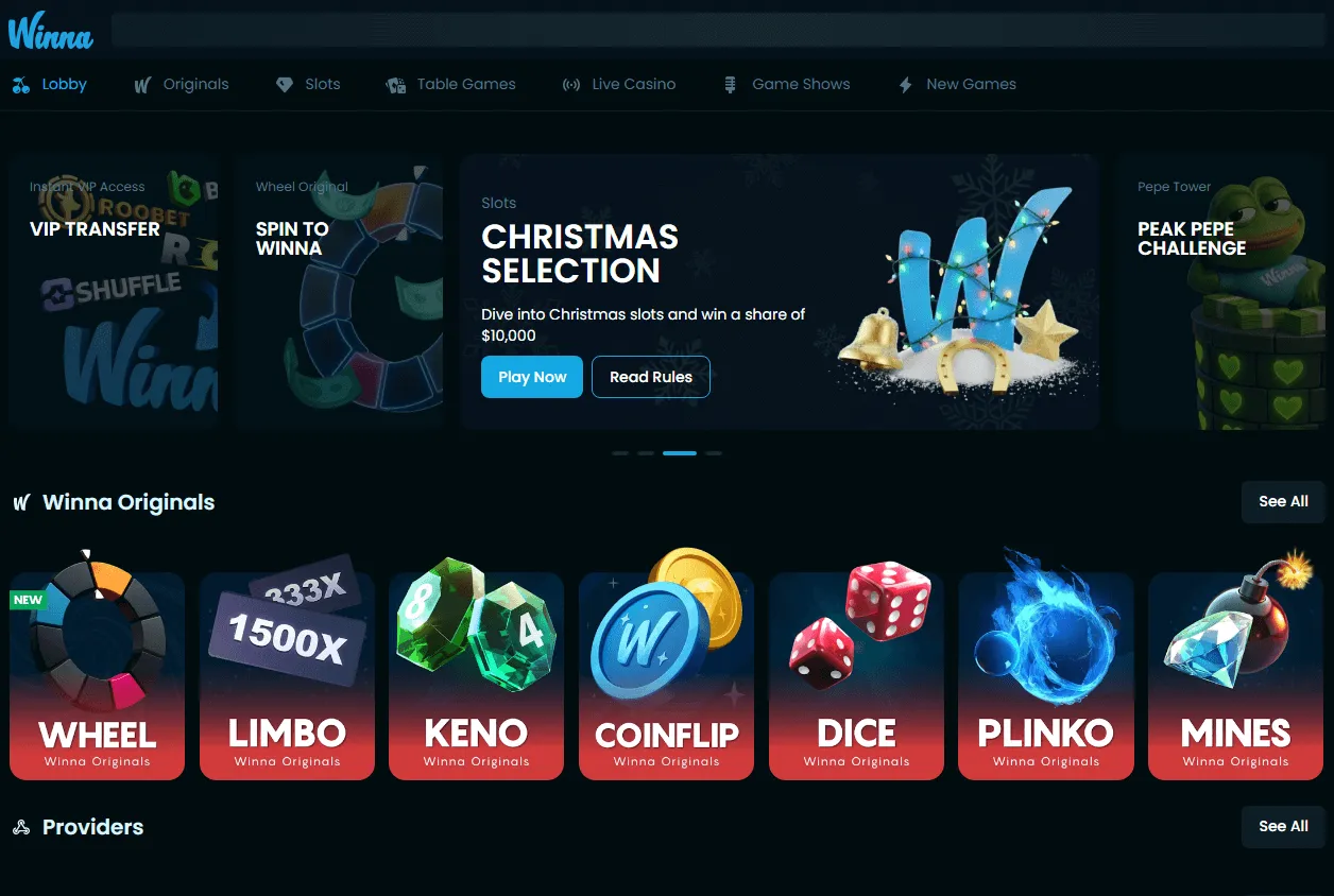 Winna Casino desktop home interface with VIP rewards and casino features