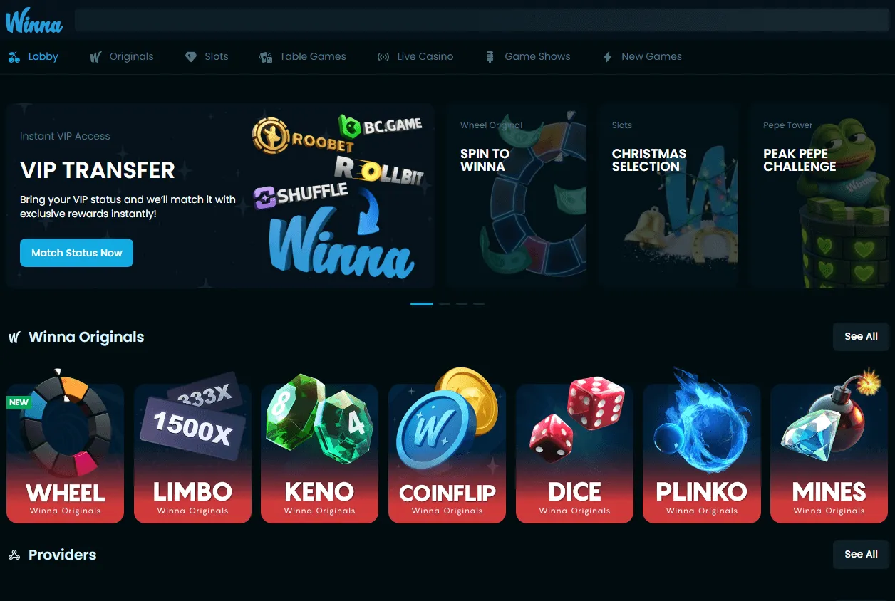 Winna Casino desktop games interface with casino and live game categories